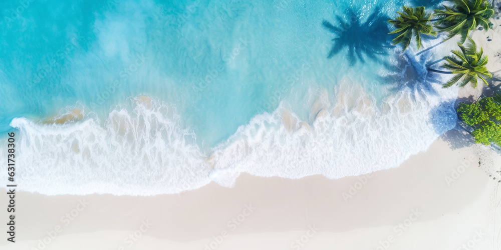 Aerial top view on sand ocean beach with palm trees. Summer vacation paradise concept. Generative AI