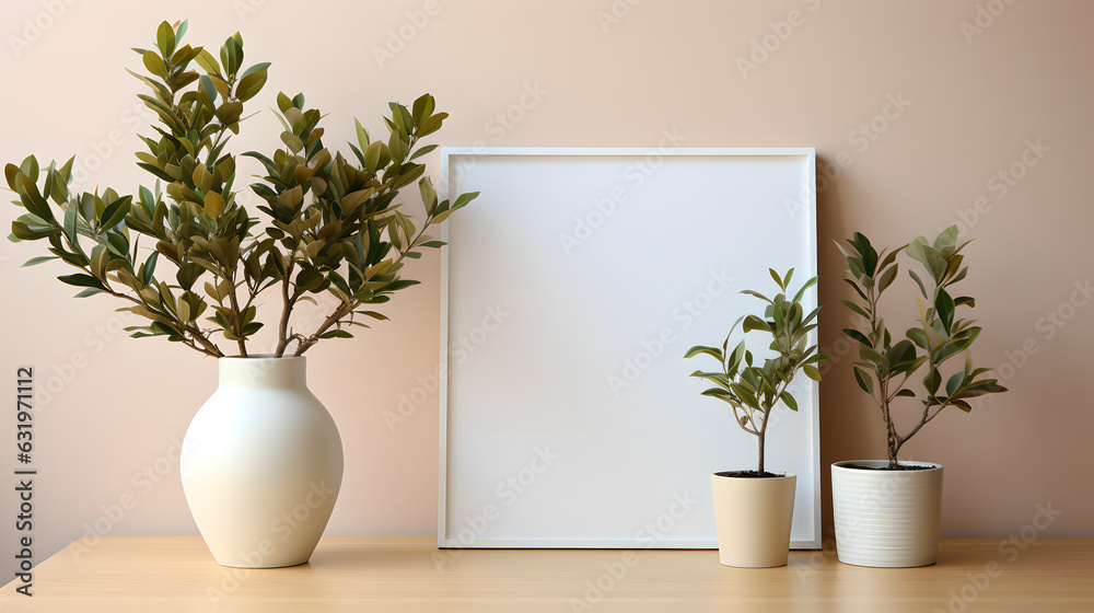 Empty white frame mockup on modern aesthetic room, Picture frame mockup with copy space for artwork