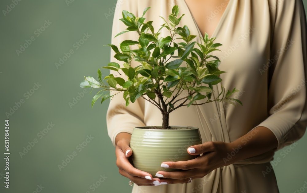 Hand gently holding a green plant. Harmonious pastel earth tones, single color blank background