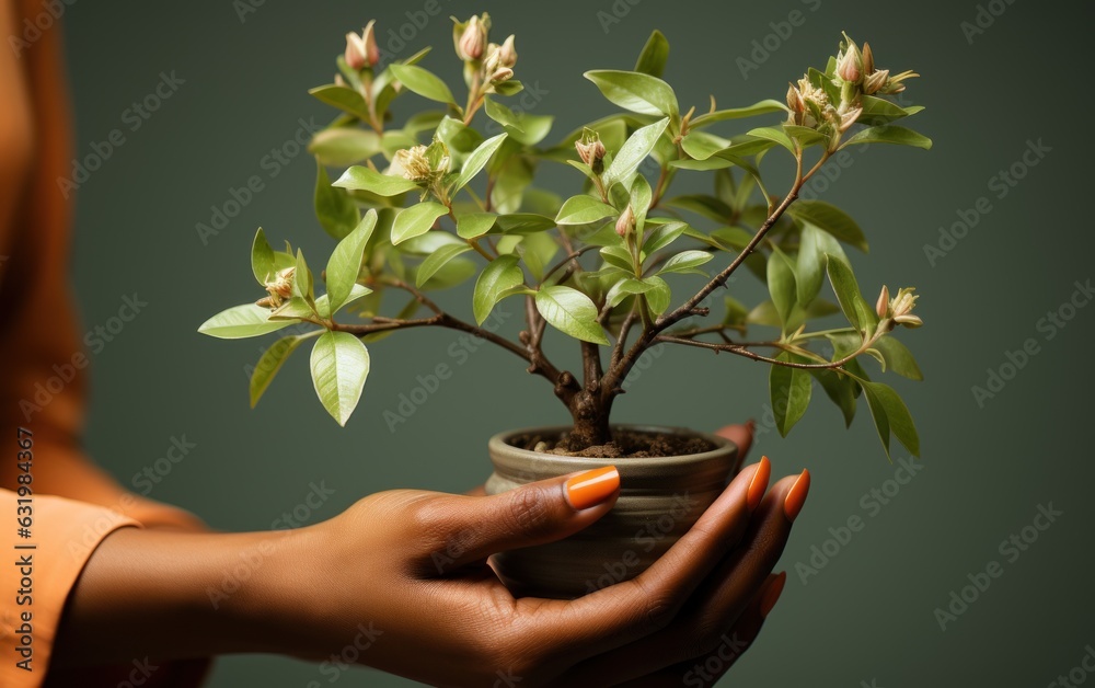 Hand gently holding a green plant. Harmonious pastel earth tones, single color blank background