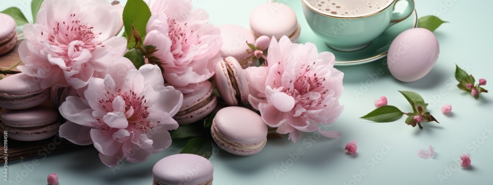 Mint green macaroons with pink peony flower. Mood board flat lay.