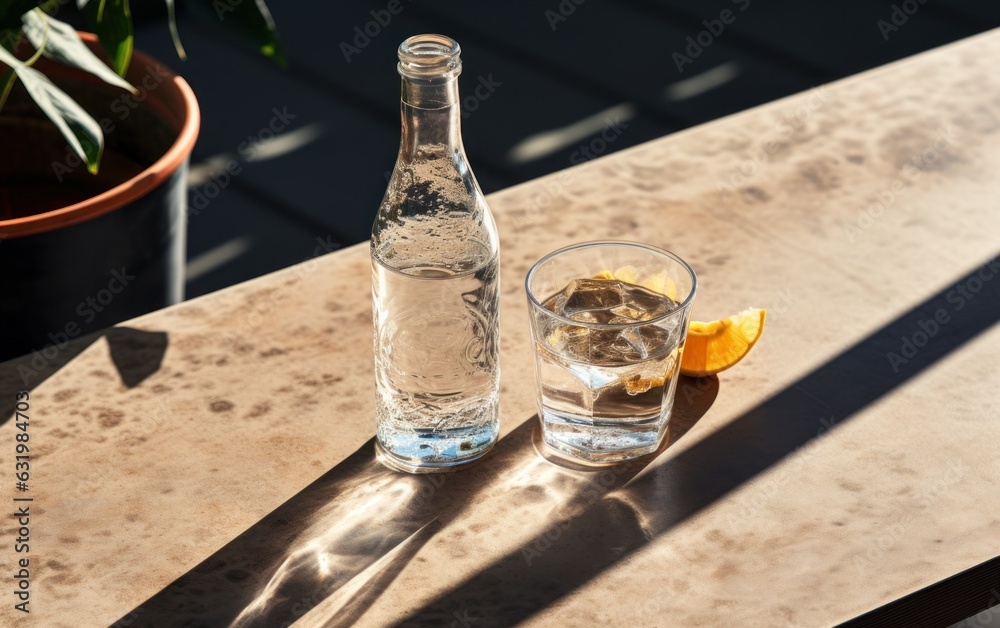 objects and drinks concept - bottle of water and glass on sunny floor.