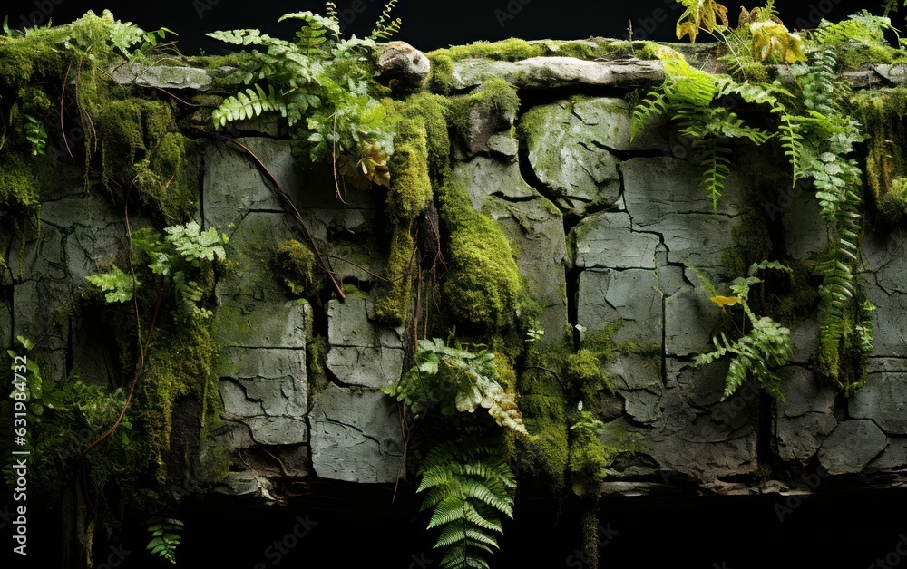 Old brick wall covered with mosses and tropical forest plants.