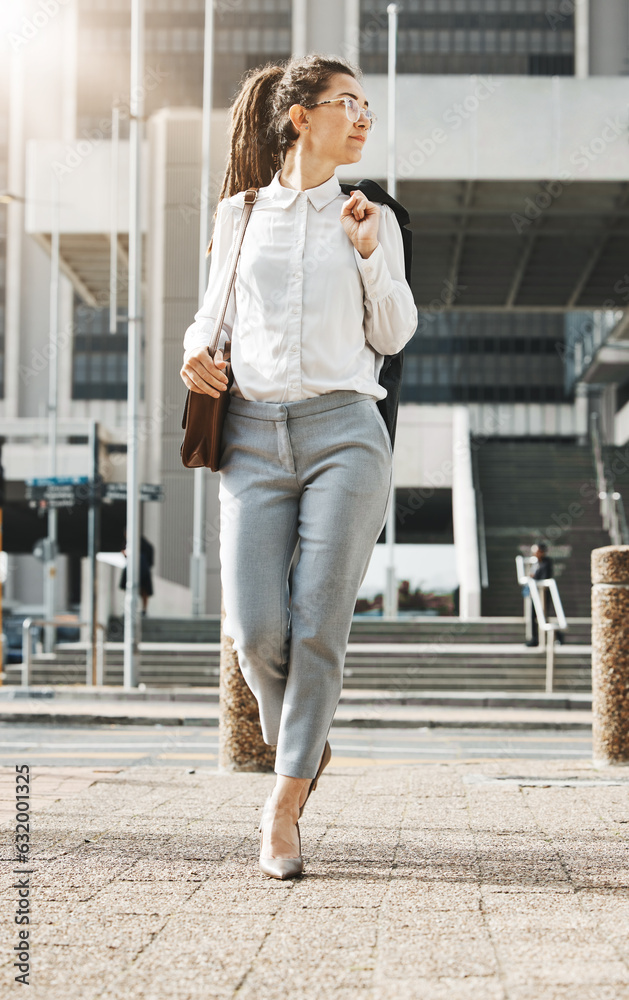 City, walking and business woman on a sidewalk with travel, commute and urban journey. Road, outdoor