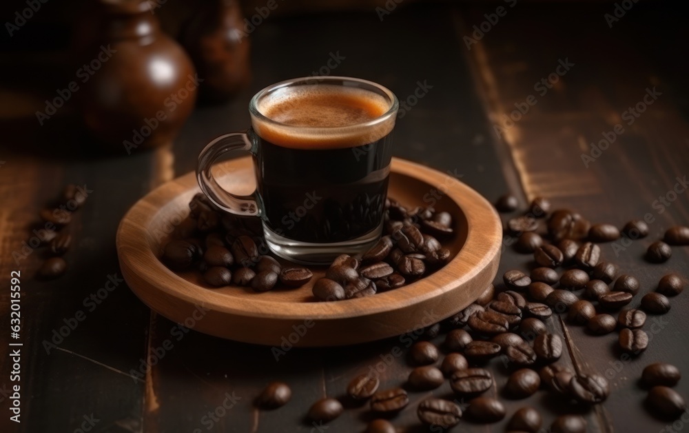 hot espresso with brown coffee seeds on the brown wooden desk