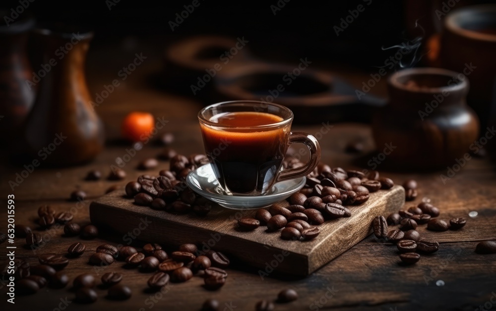 hot espresso with brown coffee seeds on the brown wooden desk