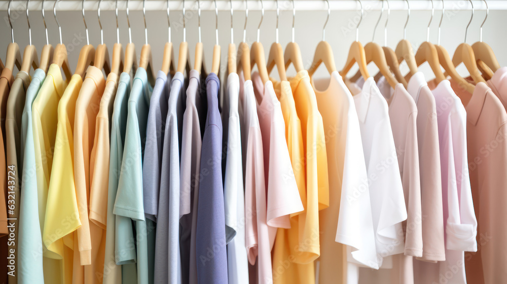 Clothes on clothing rack.  Pastel colorful closet in shop