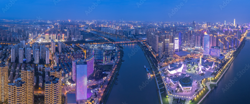 Aviation photography of the night view of the city architecture of Changsha City, China