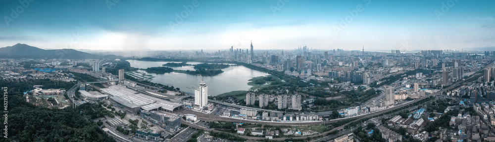 Aerial photography of the skyline of urban architecture along Xuanwu Lake in Nanjing, China
