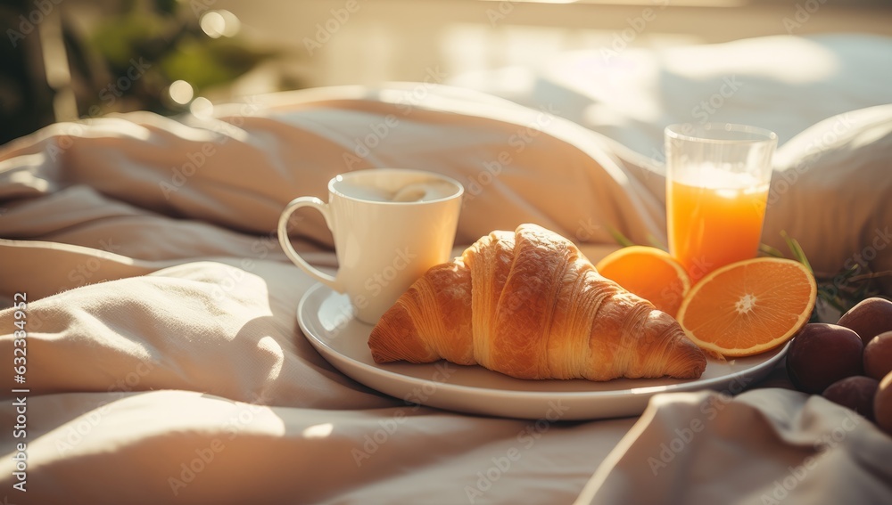 Breakfast tray with orange juice, croissants and milk in the room