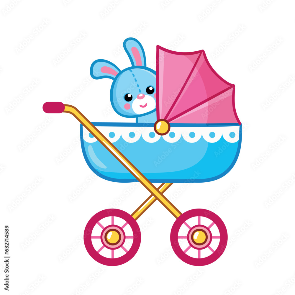 Baby carriage with a plush hare on a white background. Vector illustration of a childrens toy.