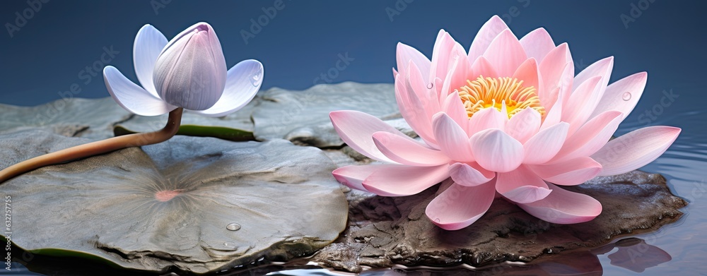 Lake with beautiful water lilies and rocks