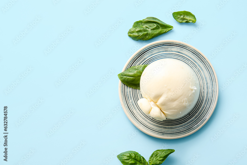 Plate of tasty Burrata cheese with basil on blue background