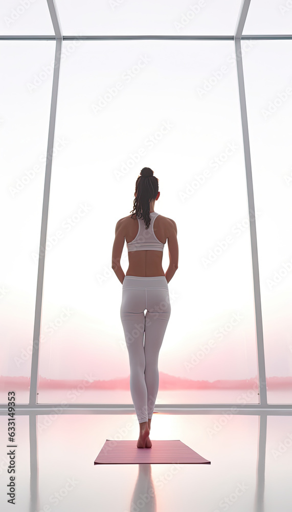 A young woman with beautiful figure doing yoga or acrobatics . Shot on a light pink color background