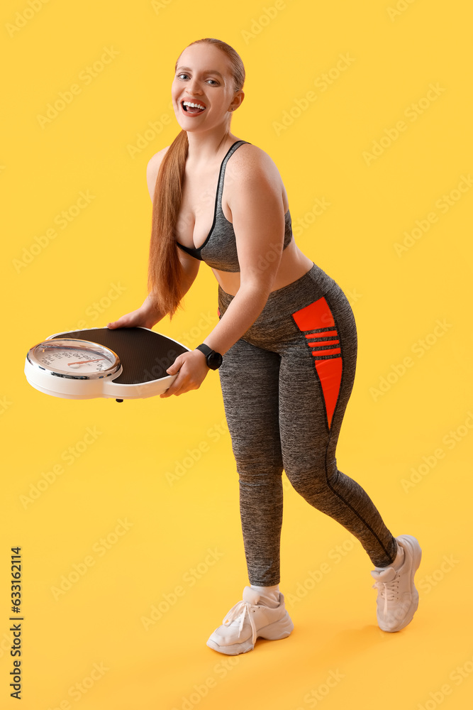 Young overweight woman with scales on yellow background