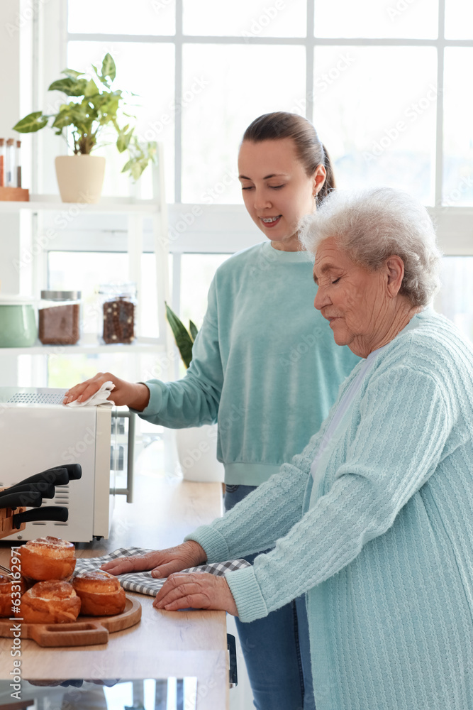 Senior woman with her granddaughter cleaning in kitchen