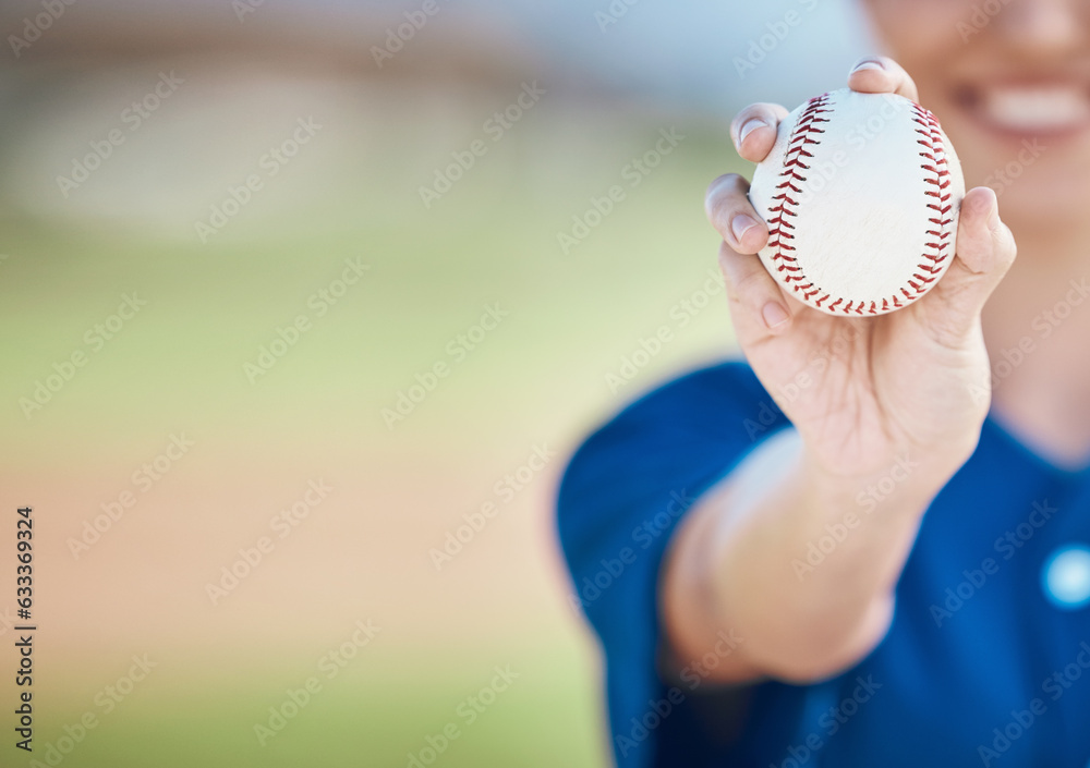 Hand, ball and softball with a woman on mockup for sports competition or fitness outdoor during summ