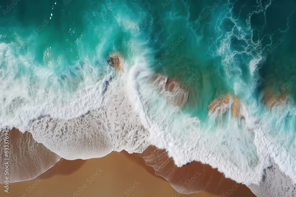 Ocean wave and sandy beach from above. Abstract drone seascape