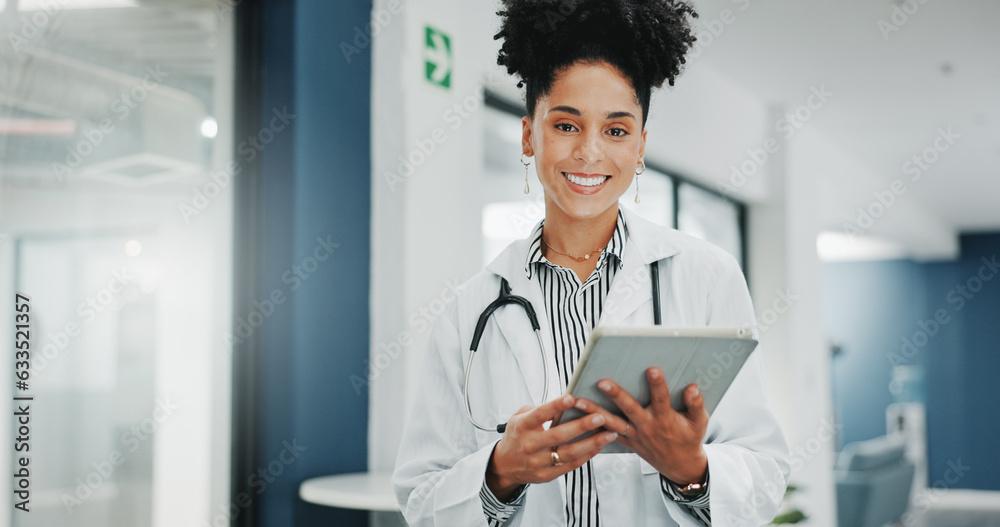Face of happy woman doctor on tablet for medical research, hospital management and telehealth servic