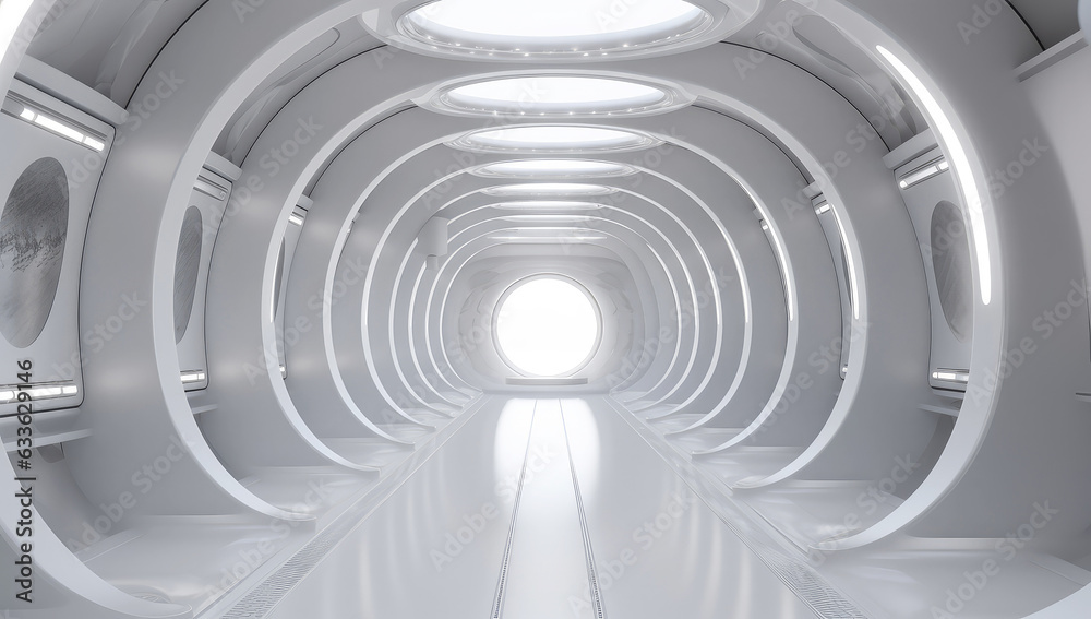 Futuristic Empty White Tunnel with a Light from the End extreme closeup. Generative ai