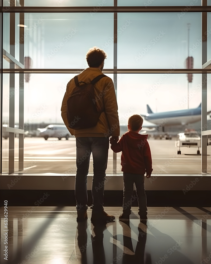 Silhouettes of a father and son standing by an expansive airport window, their figures outlined by t