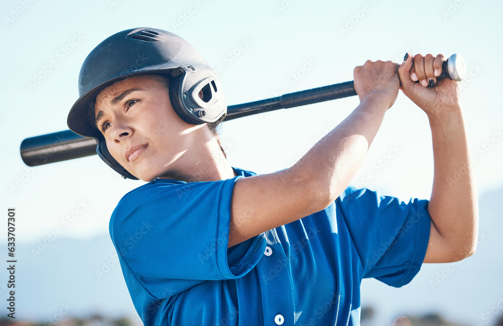Baseball, bat and swing of a person outdoor on a pitch for sports, performance and competition. Prof