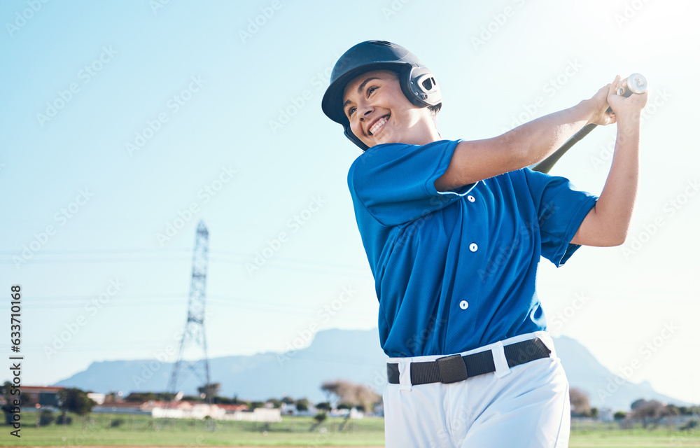 Baseball, bat and swing of a woman outdoor on a pitch for sports, performance and competition. Profe