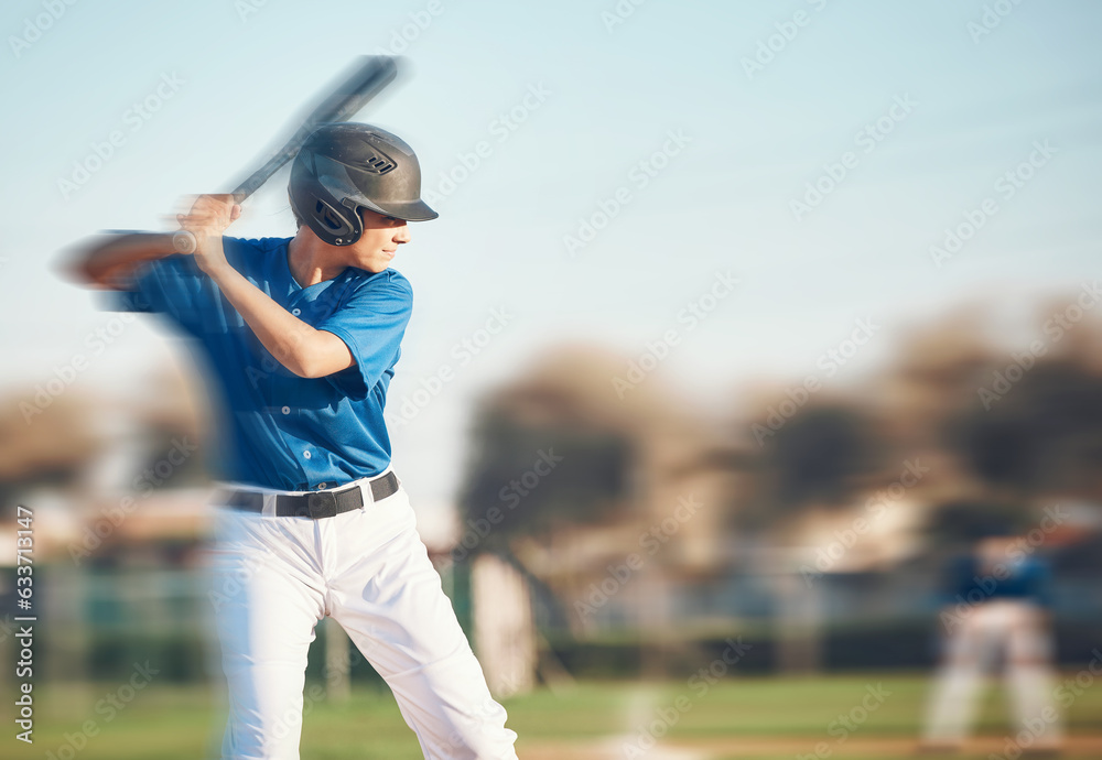 Baseball, bat and a person swing outdoor on a pitch for sports, performance and competition. Profess