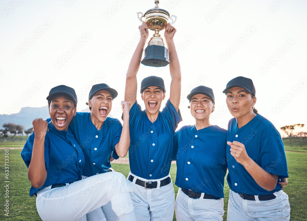 Baseball, team trophy and winning portrait with women outdoor on a pitch for sports competition. Pro