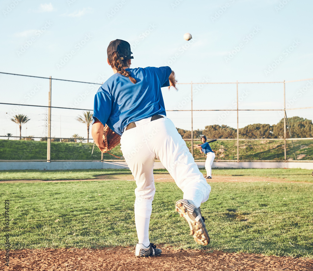 Baseball, pitching and a sports person outdoor on a pitch for performance or competition. Behind pro