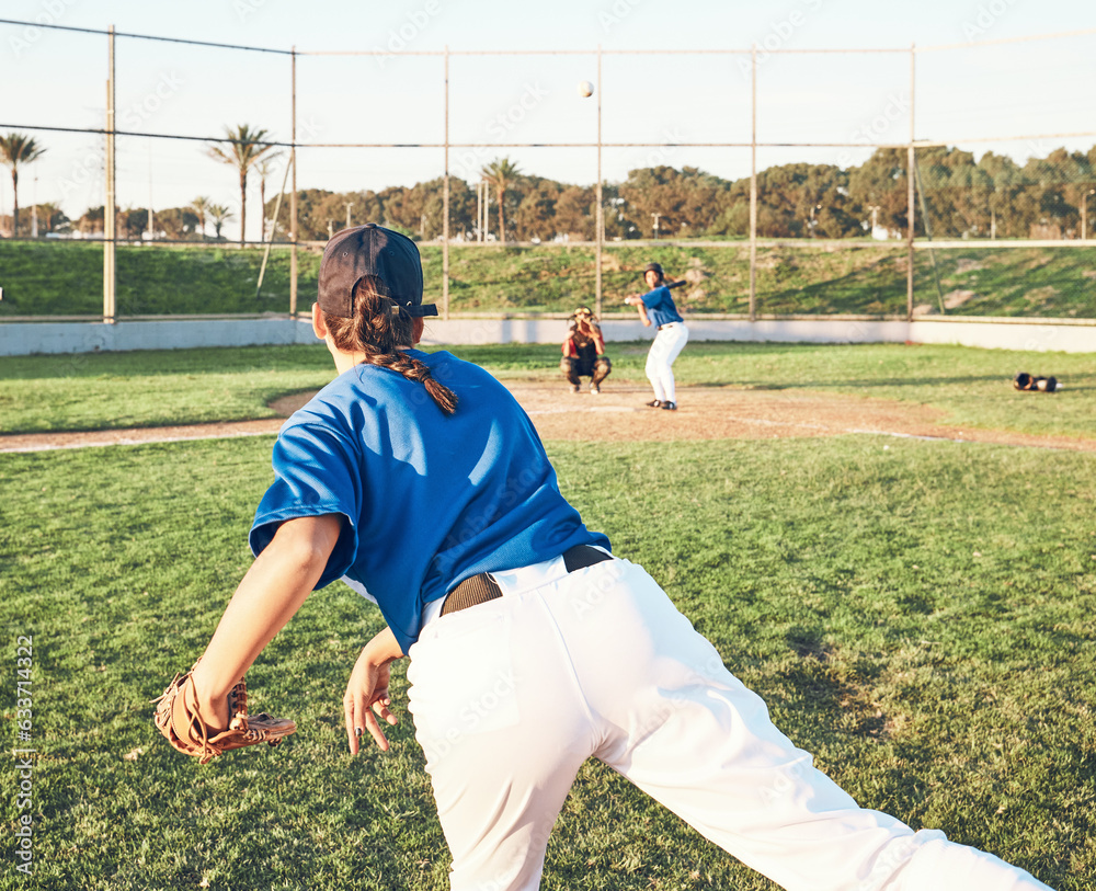 Pitching, baseball and a sports person outdoor on a pitch for performance or competition. Behind pro