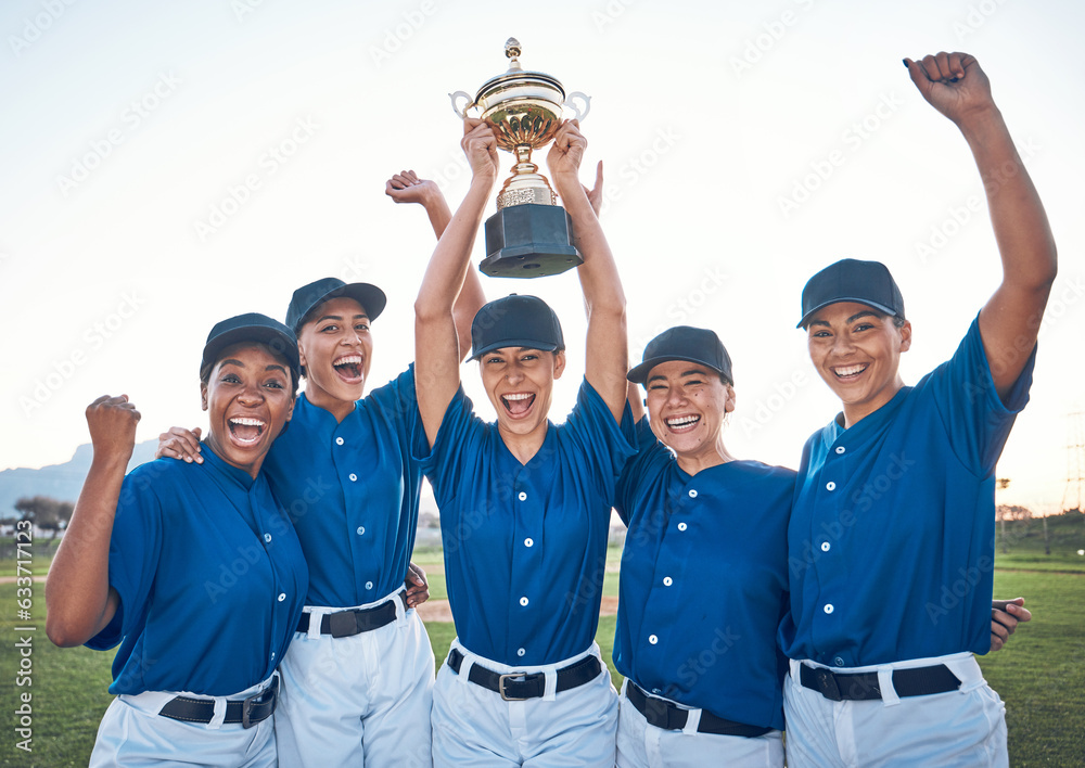 Baseball, trophy and winning team portrait with women outdoor on a pitch for sports competition. Pro