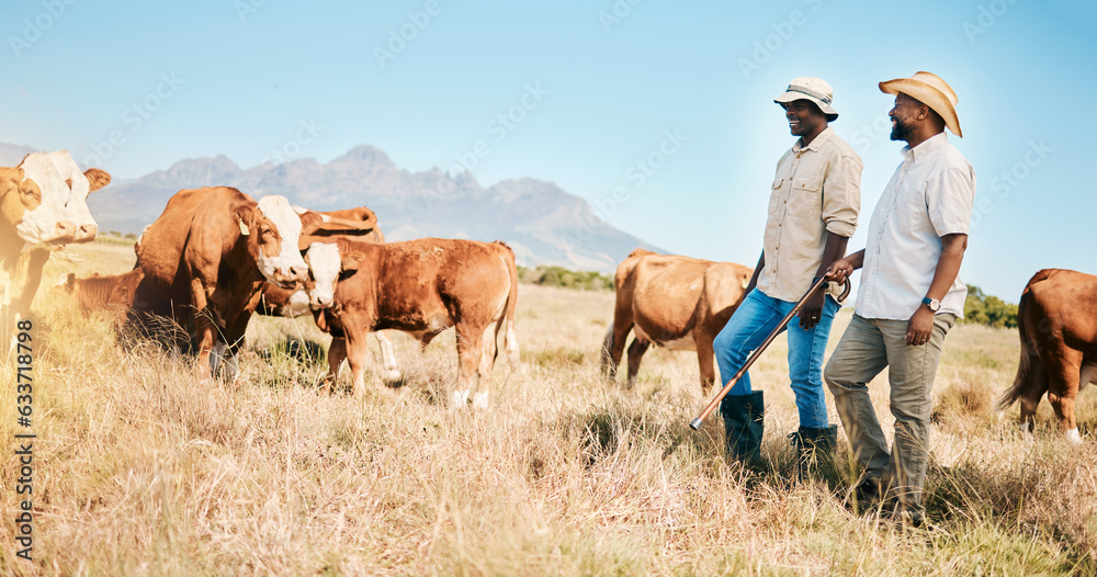 Cows, teamwork or black people on farm agriculture for livestock, sustainability or agro business in