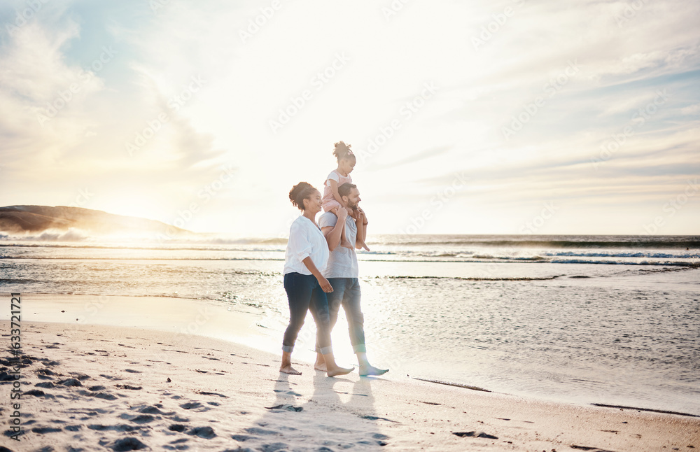 Walking, sunset and family on the beach for vacation, adventure or holiday together for bonding. Tra