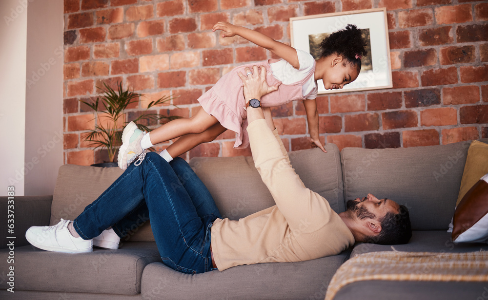 Sofa, airplane and dad playing child or daughter enjoy game as bonding for care together in a home o