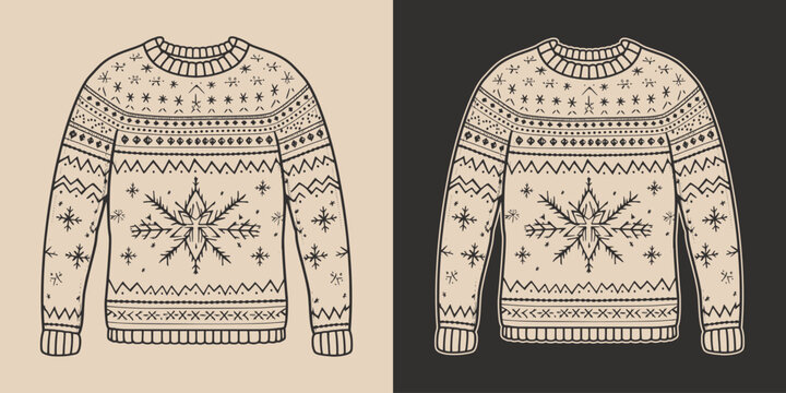 复古怀旧的圣诞节丑萌舒适潮人毛衣套头衫布料。可用于标志或装饰。单色图形艺术。矢量图。雕刻风格的手绘元素。插图