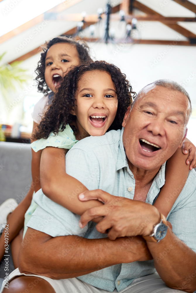 Family, grandpa portrait and home with happy game, bonding and care with grandfather, excited and ch