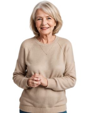 老年妇女穿着温暖的衣服微笑着看向镜头，孤立，透明背景，无背景。PNG。