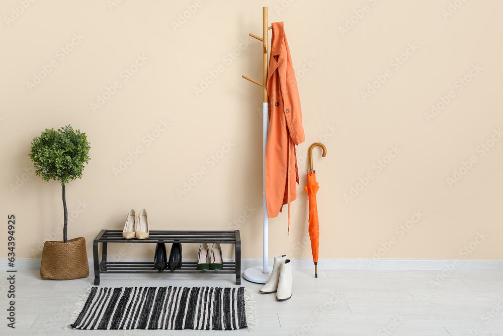 Stand with shoes, houseplant and rack near beige wall in hall