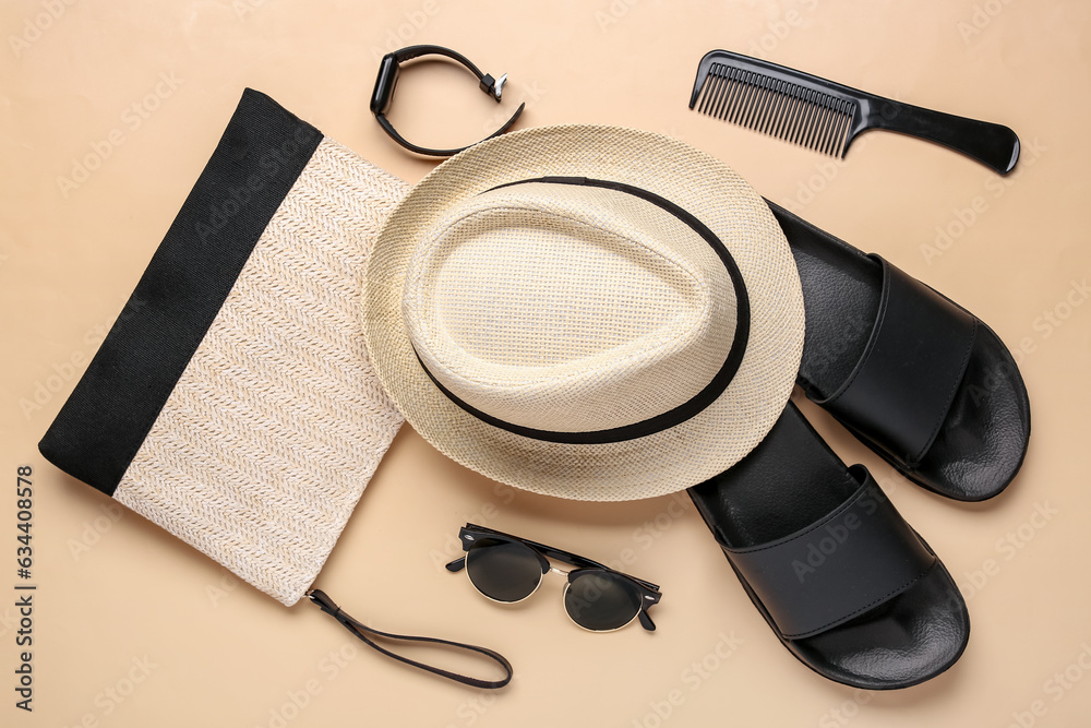 Composition with beach accessories, hair comb and smart watch on color background