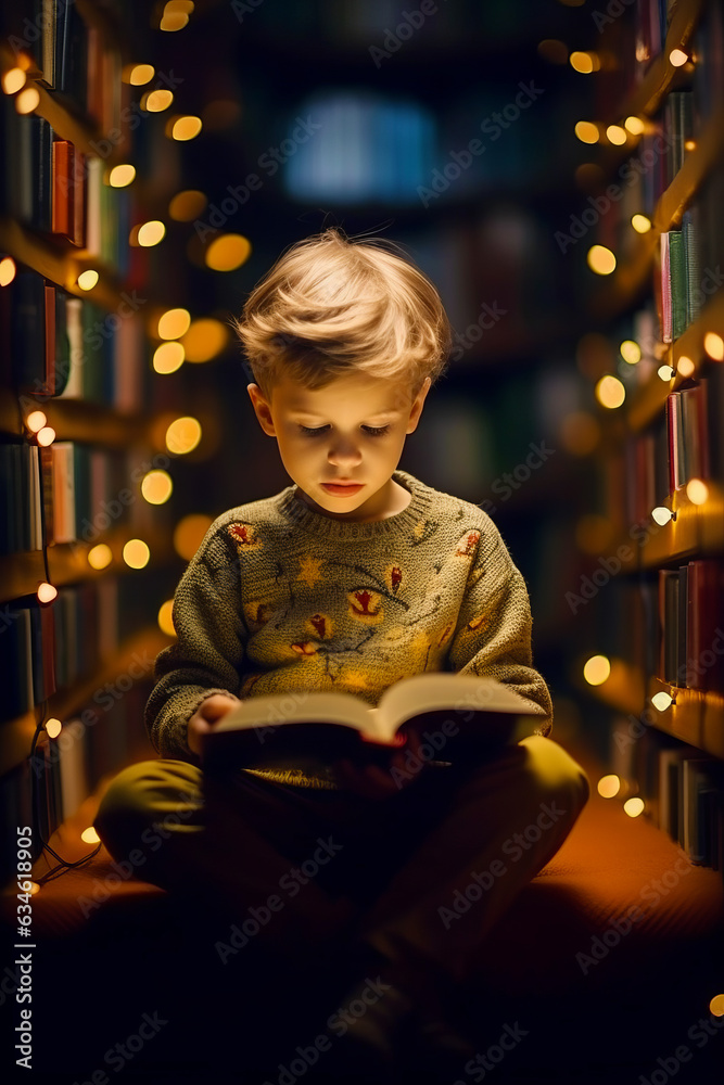 Young boy reading book in front of bookshelf filled with books.