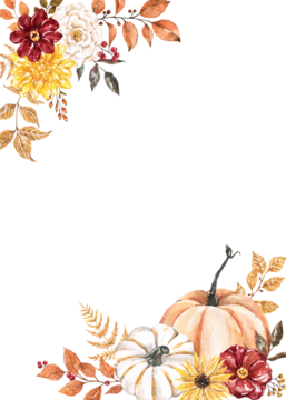 带有水彩南瓜、树叶和树枝的秋季相框。植物边框带有文本空间。手绘秋季植物插图。PNG 剪贴画