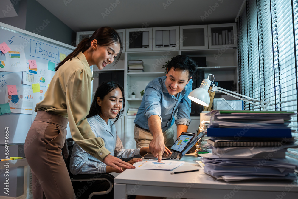 Group of young businessman and woman sit on wheelchair work in office. 