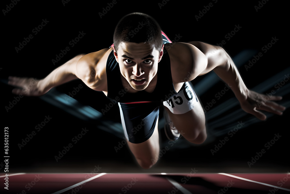 Professional male athlete at the starting blocks ready for a spring start on a dark background. Fron