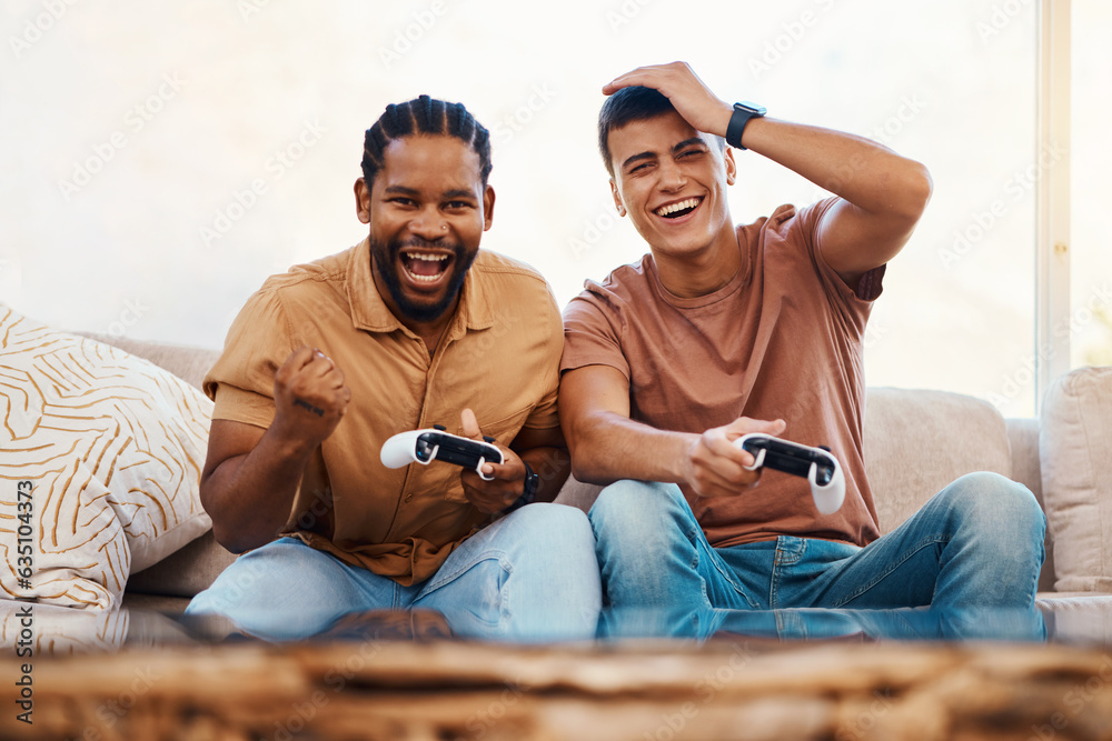 Men on sofa playing video game, excited fun and relax in home living room together on internet with 