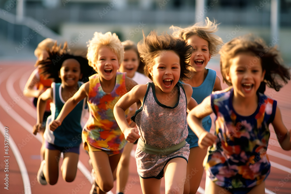 Group of children filled with joy and energy running on athletic track, children healthy active life