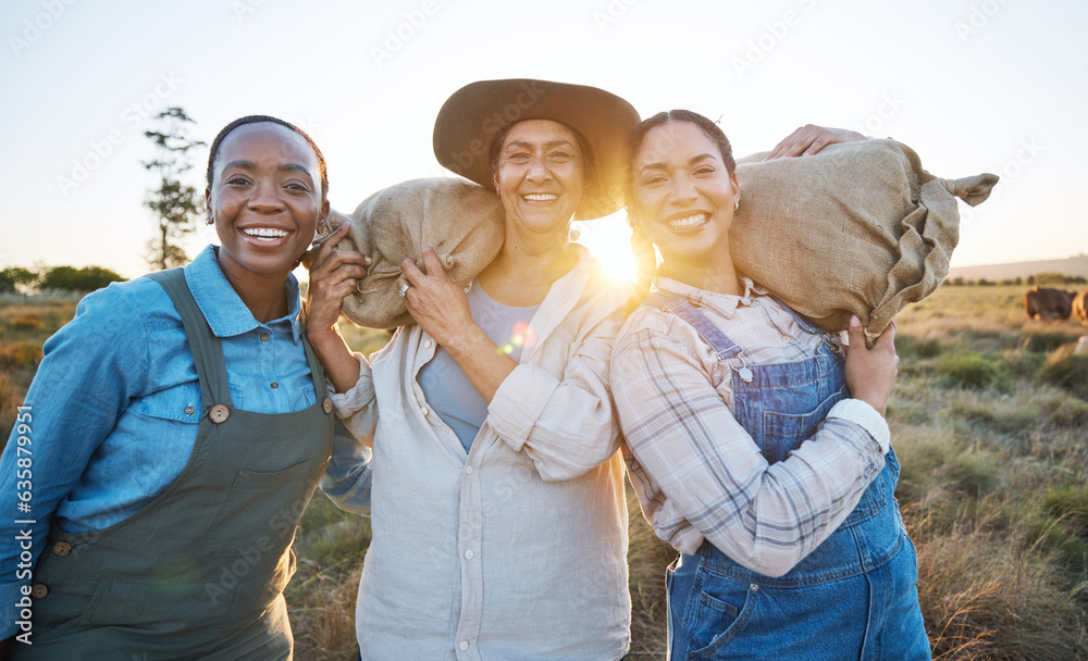 Agriculture, portrait and woman friends on farm for cattle, livestock or feeding together. Face, hap