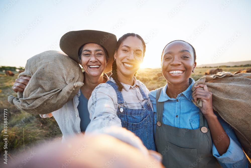 Agriculture, selfie and woman friends on farm for cattle, livestock or feeding together. Portrait, h