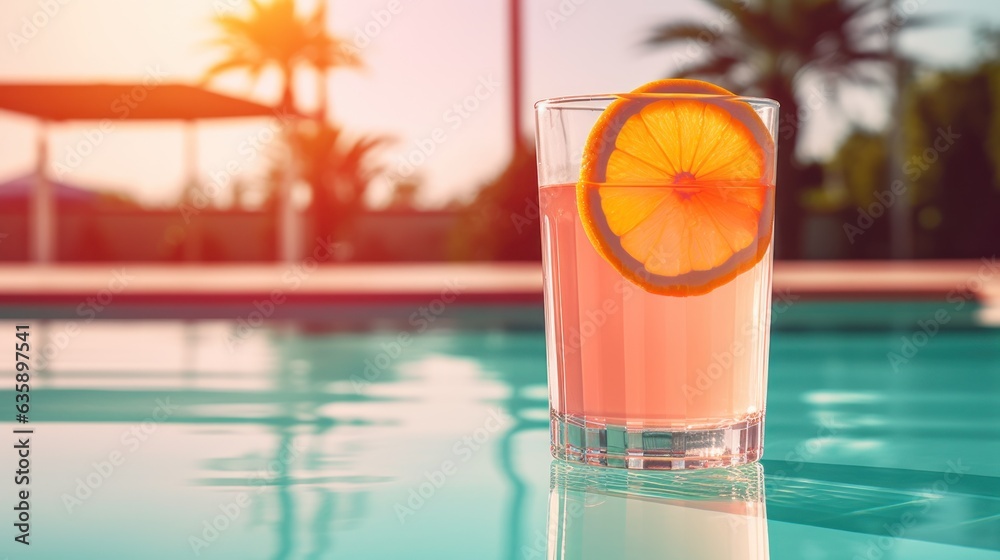 Orange Beverage in a glass beside pool