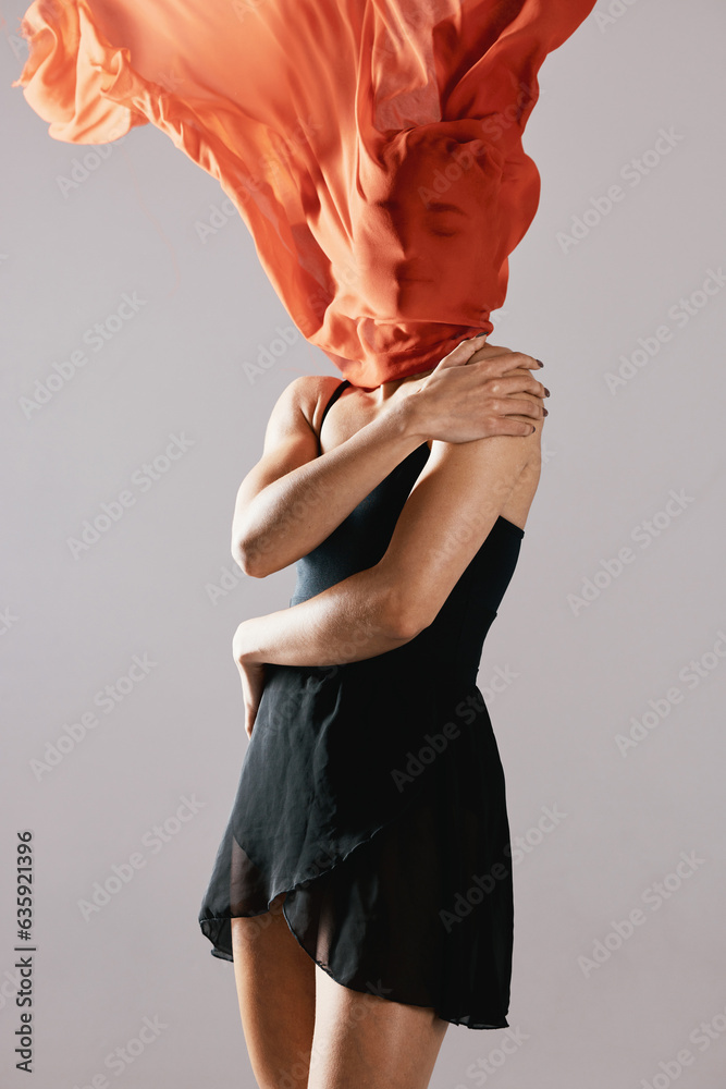 Fashion, fabric and wind with a model in studio on a gray background for runway or magazine cover st
